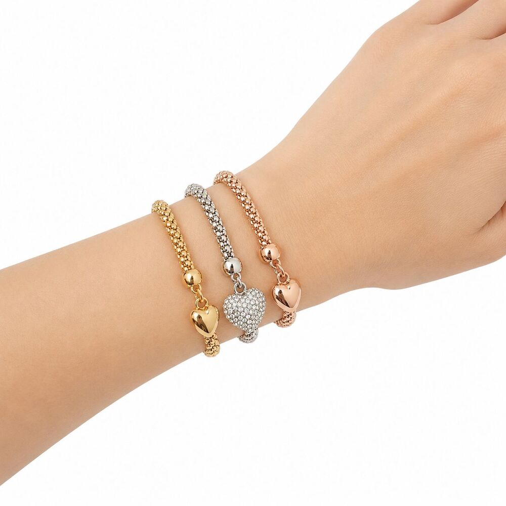 Set Of 3 Heart Charm Bracelets Rose, Yellow Gold, Silver Slip On Fashion Jewelry